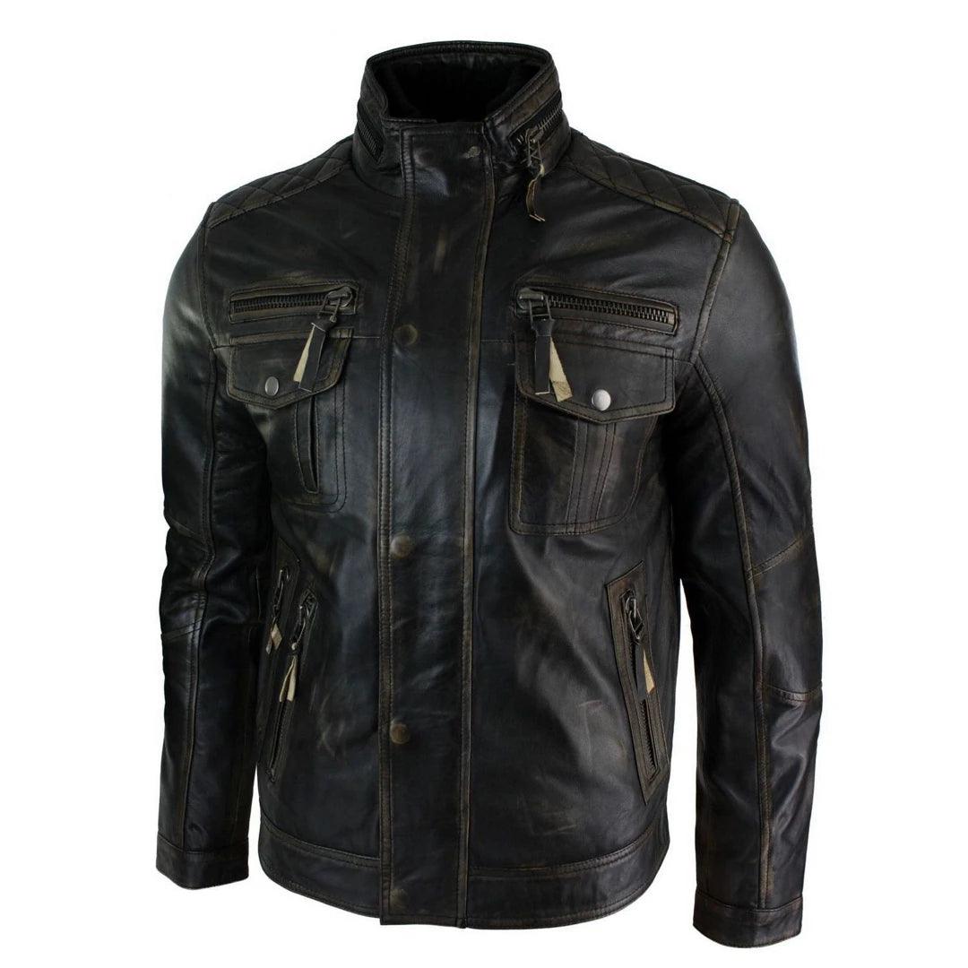 Mens Distressed Ruboff Black Brown Vintage Retro Military Leather Jacket Casual - Knighthood Store