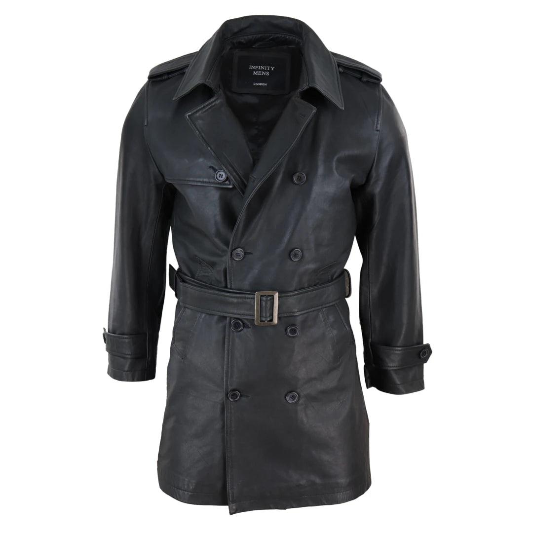 Mens Black 3/4 Trench Coat Real Leather Belted Jacket Classic Soft Napa Classic - Knighthood Store