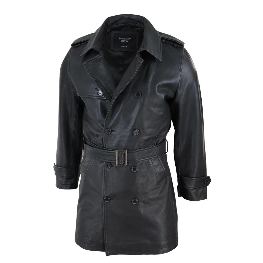 Mens Black 3/4 Trench Coat Real Leather Belted Jacket Classic Soft Napa Classic - Knighthood Store