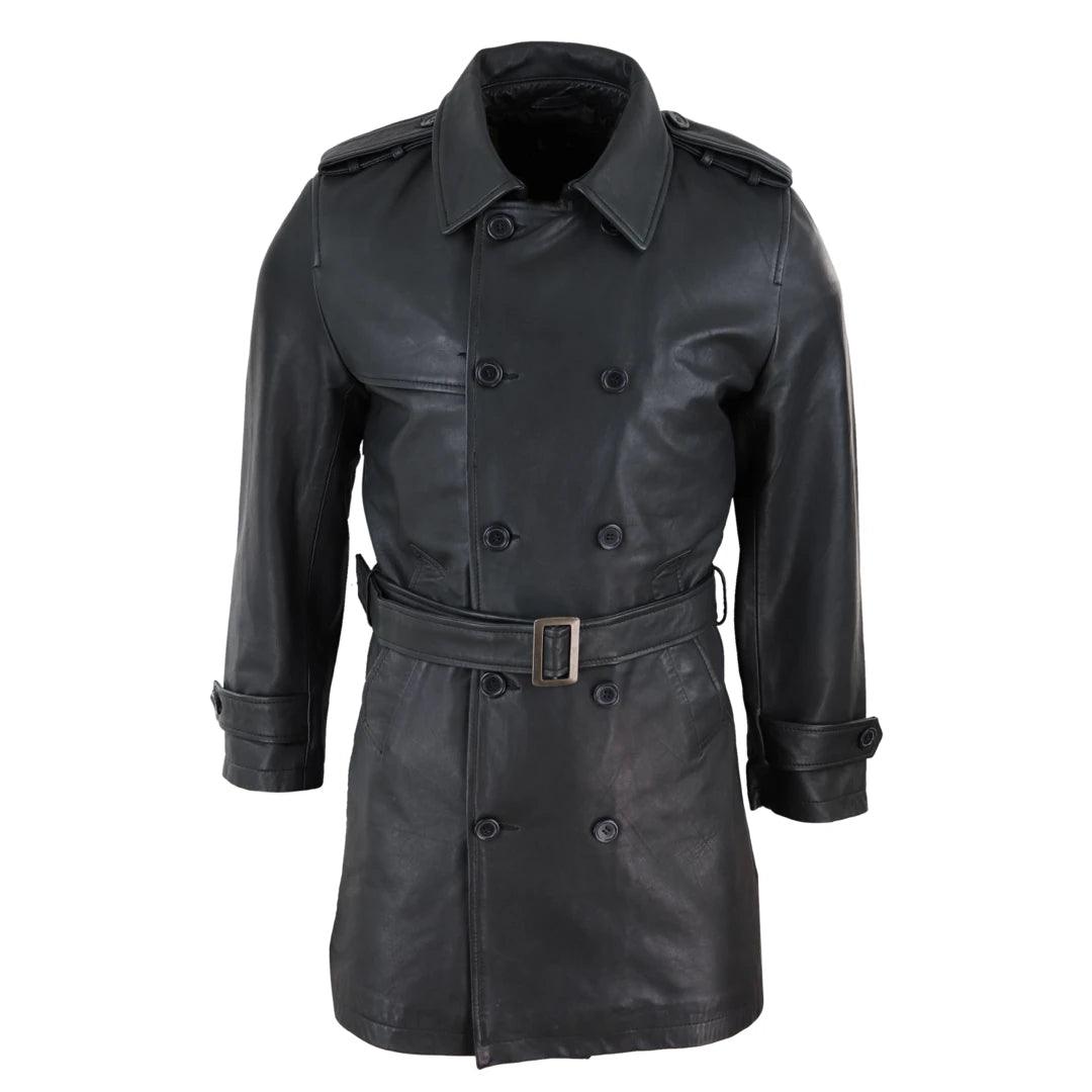 Mens Black 3/4 Trench Coat Real Leather Belted Jacket Classic Soft Napa Classic - Knighthood Store
