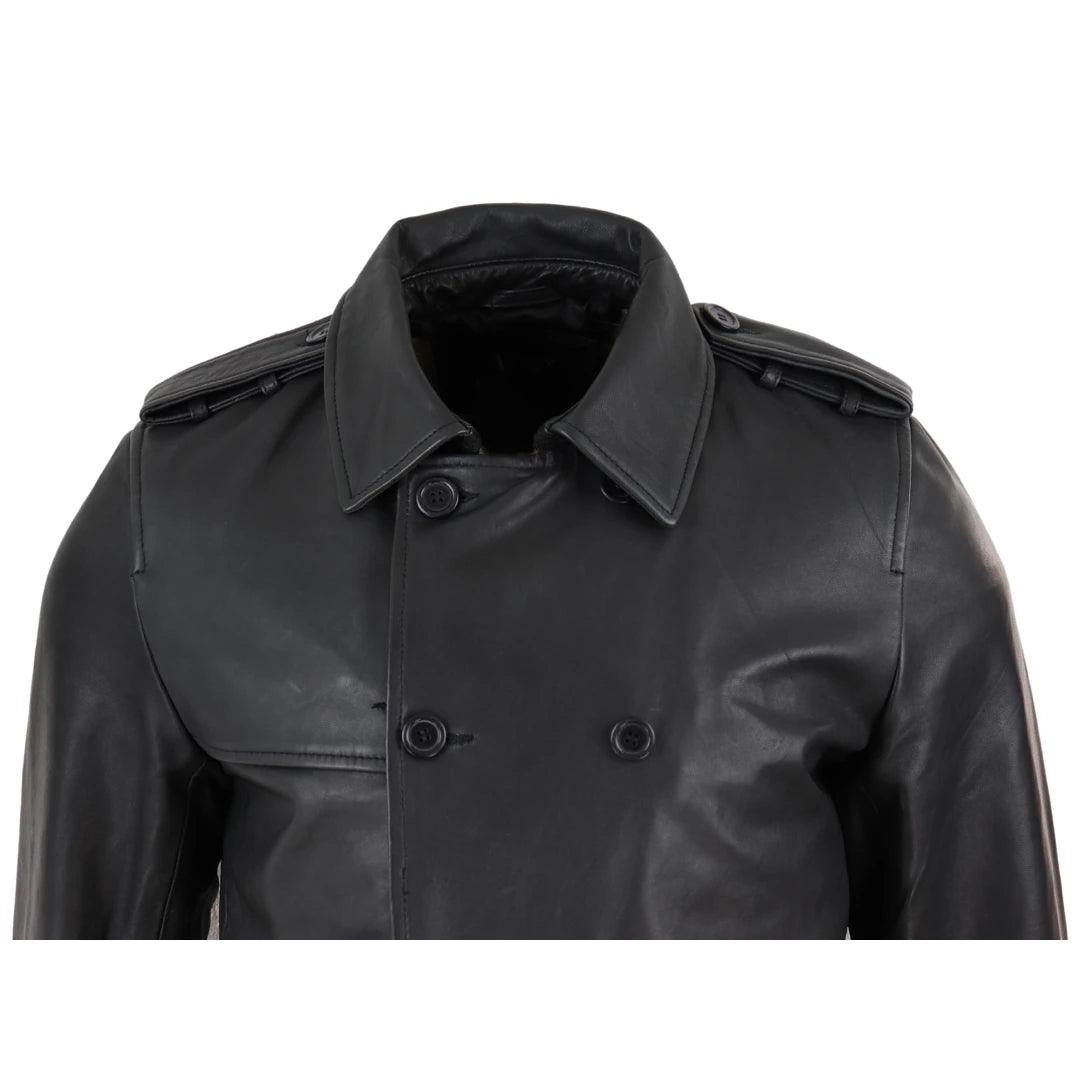 Mens Black 3/4 Trench Coat Real Leather Belted Jacket Classic Soft Napa Classic - Knighthood Store
