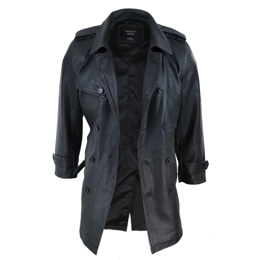 Mens Black 3/4 Trench Coat Real Leather Belted Jacket Classic Soft Napa Classic - Knighthood Store