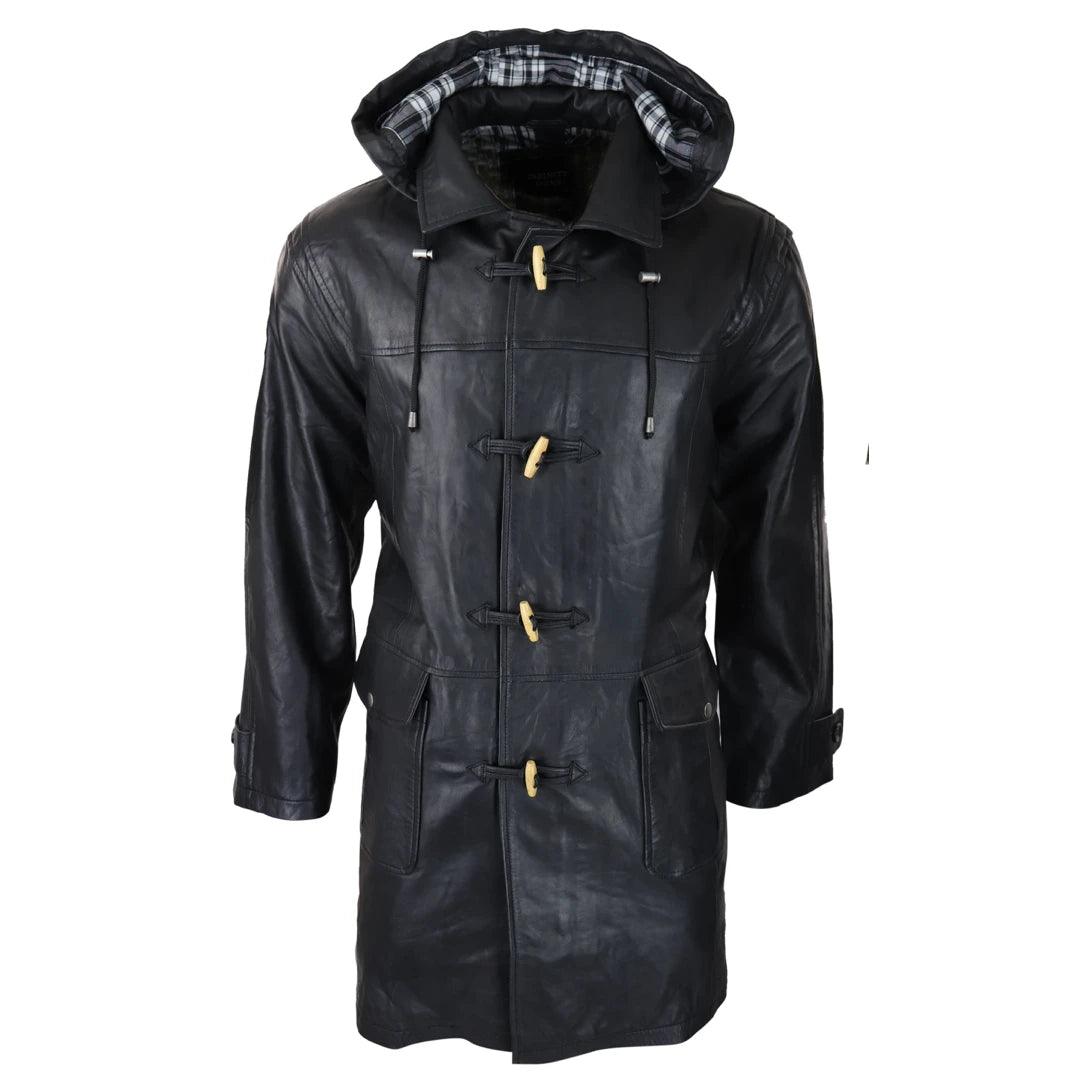 Mens Black Real Leather Duffle Jacket Coat Toggle Classic Fisherman Hooded 3/4 - Knighthood Store