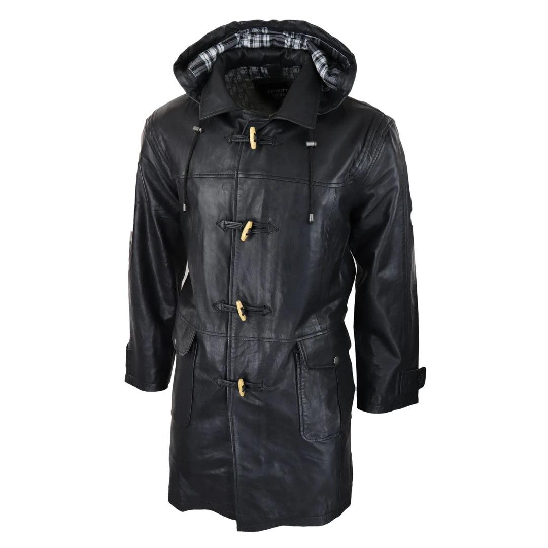 Mens Black Real Leather Duffle Jacket Coat Toggle Classic Fisherman Hooded 3/4 - Knighthood Store