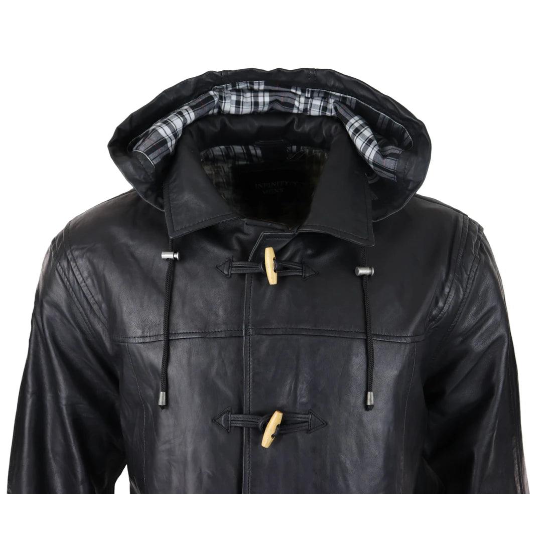 Mens Black Real Leather Duffle Jacket Coat Toggle Classic Fisherman Hooded 3/4 - Knighthood Store