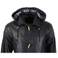 Mens Black Real Leather Duffle Jacket Coat Toggle Classic Fisherman Hooded 3/4 - Knighthood Store