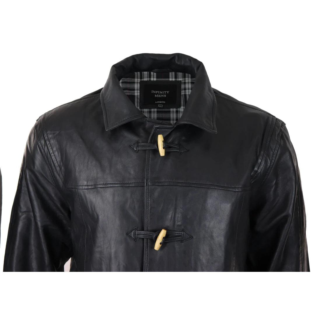 Mens Black Real Leather Duffle Jacket Coat Toggle Classic Fisherman Hooded 3/4 - Knighthood Store