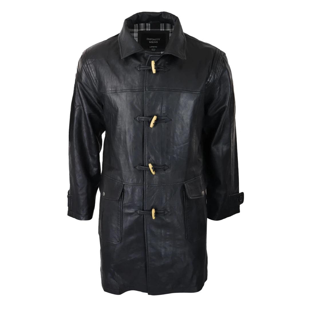Mens Black Real Leather Duffle Jacket Coat Toggle Classic Fisherman Hooded 3/4 - Knighthood Store
