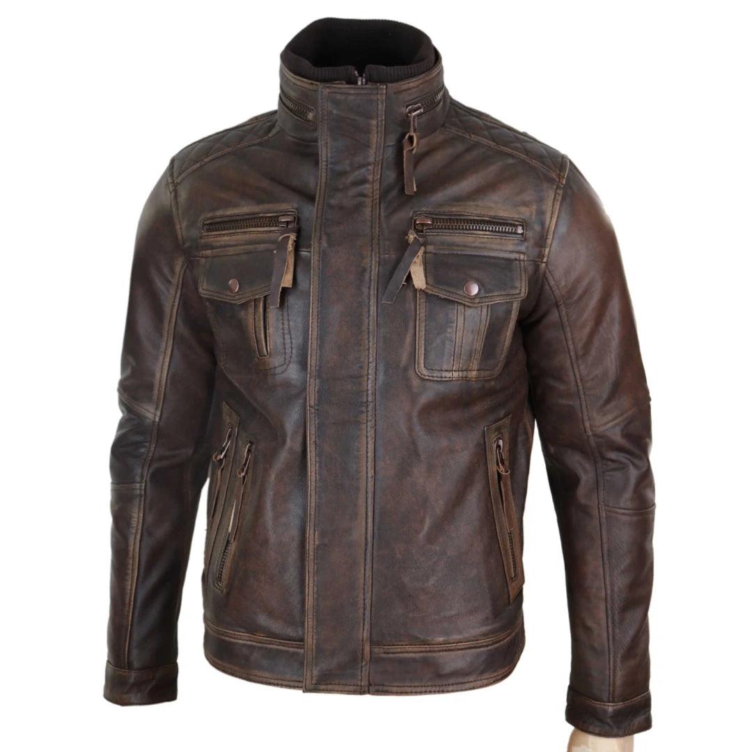 Mens Distressed Genuine Leather Biker Jacket Vintage Brown - Knighthood Store