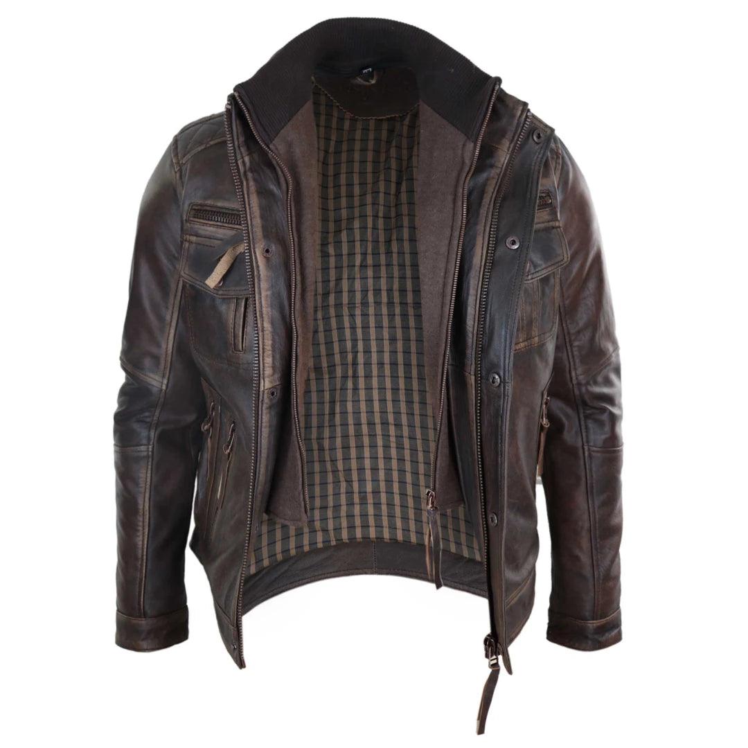 Mens Distressed Genuine Leather Biker Jacket Vintage Brown - Knighthood Store