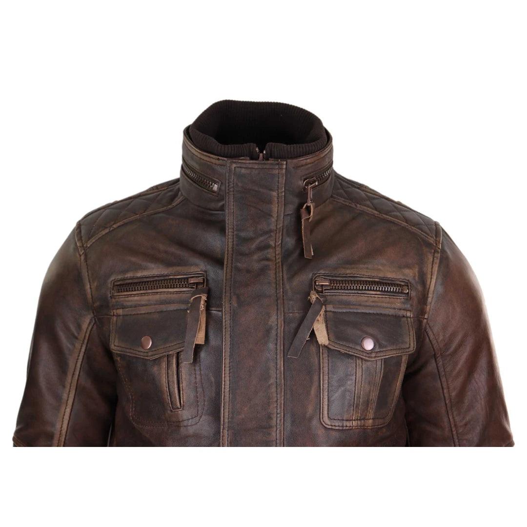 Mens Distressed Genuine Leather Biker Jacket Vintage Brown - Knighthood Store