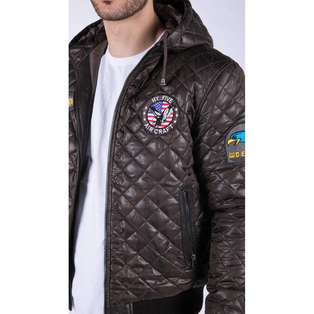 Mens Quilted Hooded Puffer Jacket Brown Badge Bomber Pilot Air Force - Knighthood Store