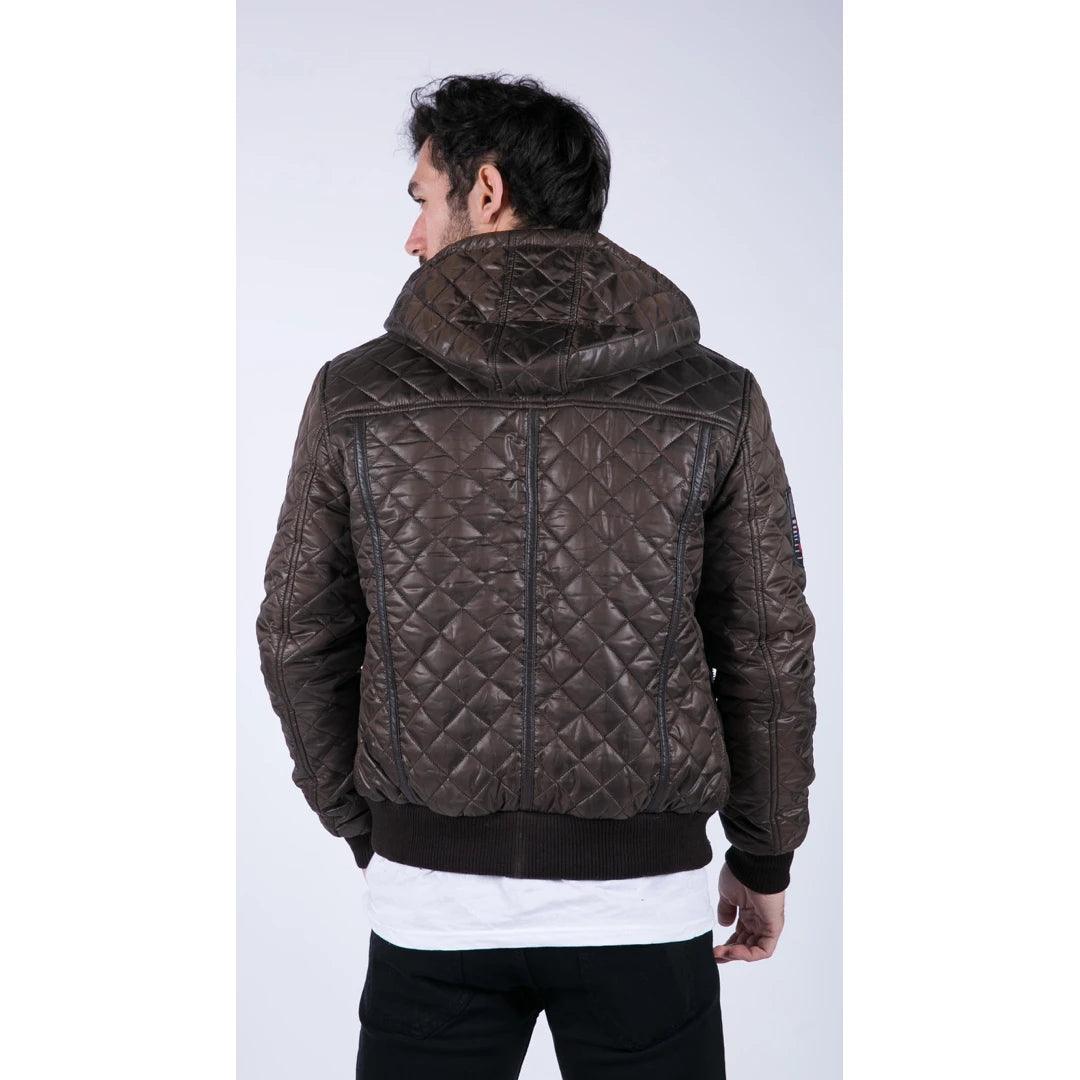 Mens Quilted Hooded Puffer Jacket Brown Badge Bomber Pilot Air Force - Knighthood Store