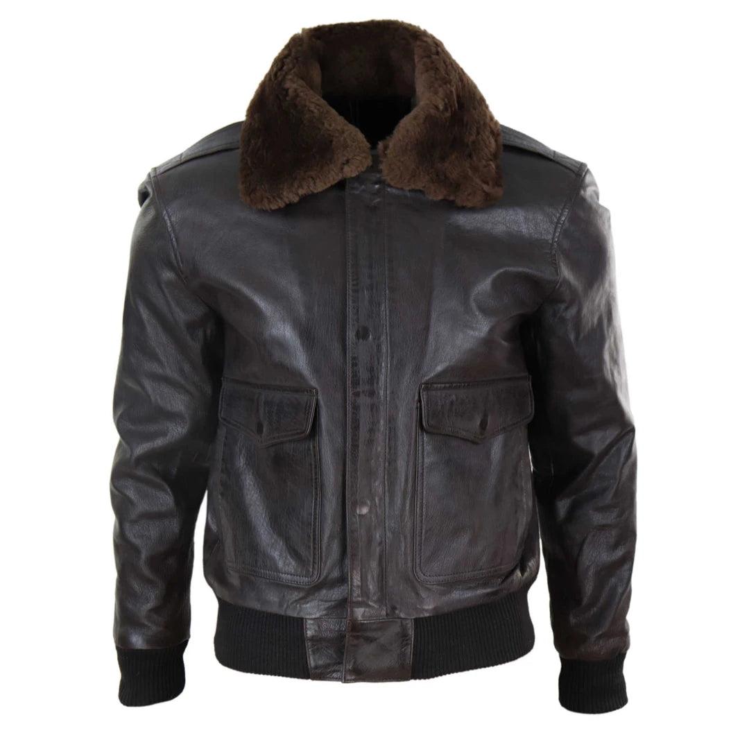 Mens Real Leather Aviator Bomber Jacket Removable Fur Collar Pilot Flying Jacket - Knighthood Store