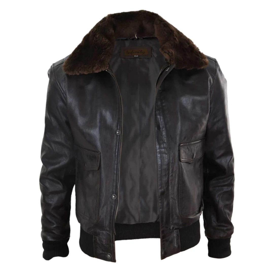 Mens Real Leather Aviator Bomber Jacket Removable Fur Collar Pilot Flying Jacket - Knighthood Store