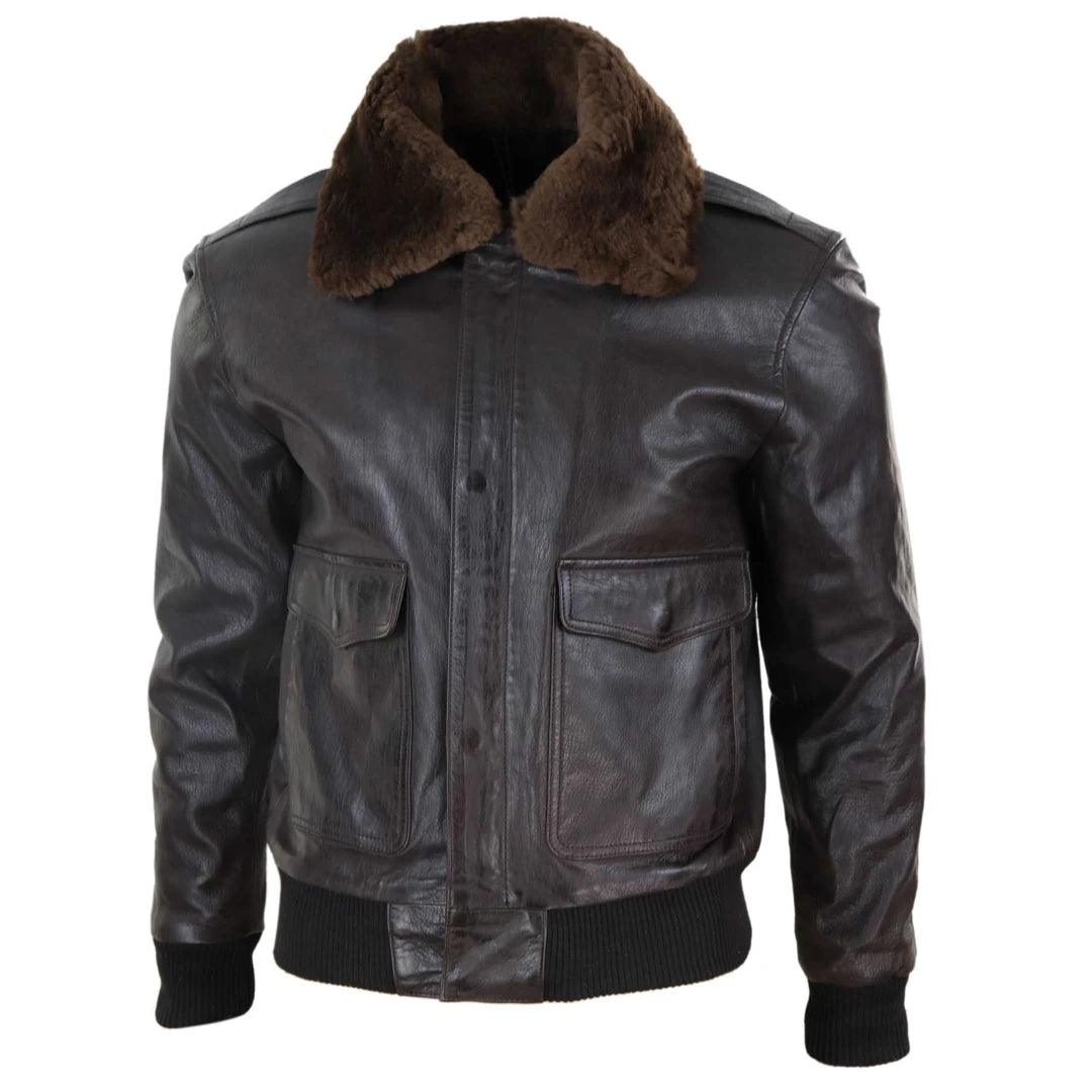 Mens Real Leather Aviator Bomber Jacket Removable Fur Collar Pilot Flying Jacket - Knighthood Store