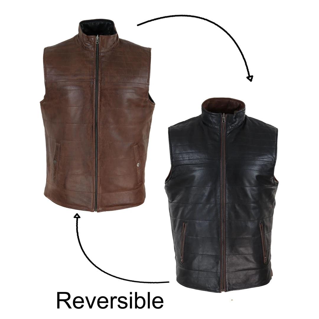 Mens Real Leather Black Brown Waistcoat Gilet Reversible Vest Smart Casual - Knighthood Store