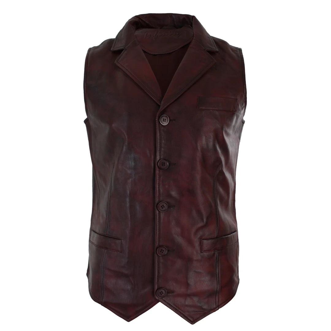 Mens Real Leather Tan Brown Black Burgundy Smart Casual Gilet Waistcoat Vintage Retro - Knighthood Store