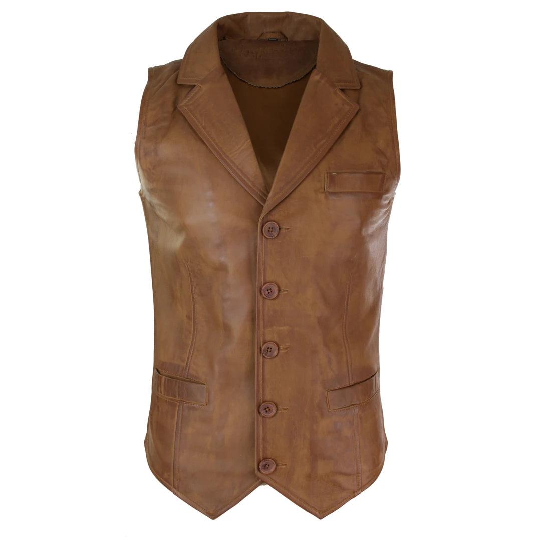 Mens Real Leather Tan Brown Black Burgundy Smart Casual Gilet Waistcoat Vintage Retro - Knighthood Store