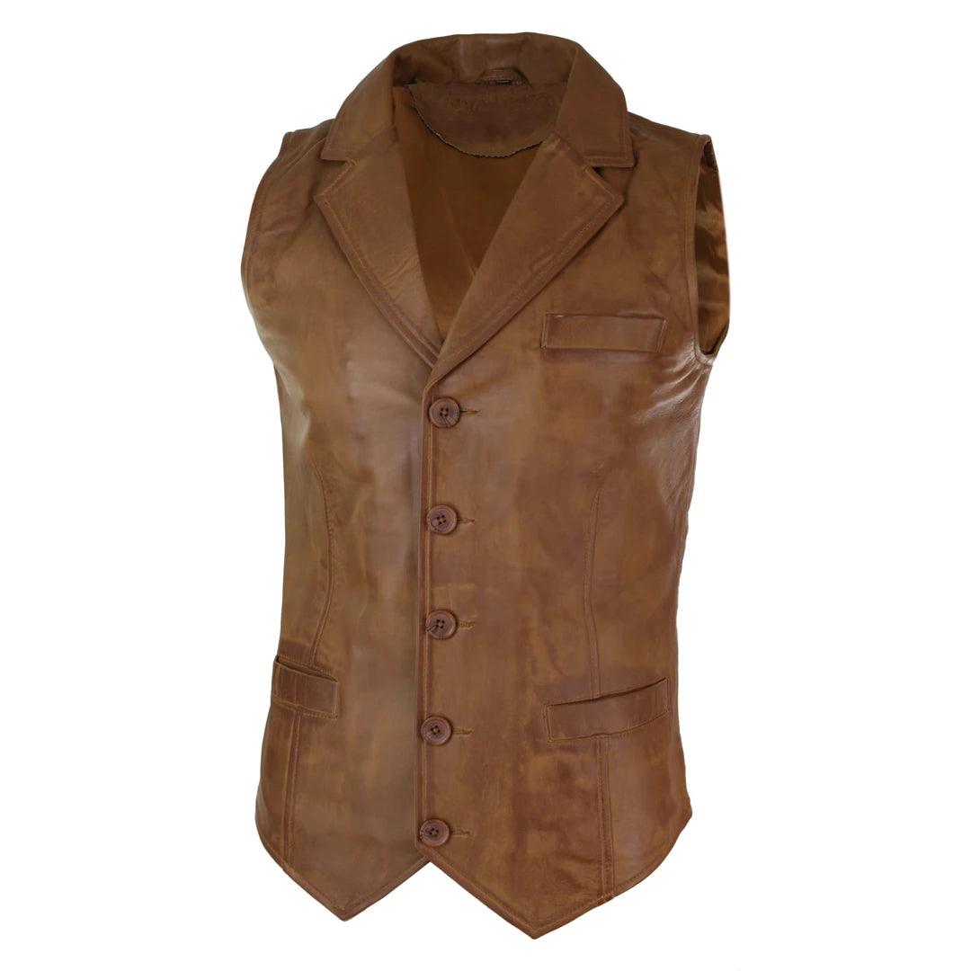 Mens Real Leather Tan Brown Black Burgundy Smart Casual Gilet Waistcoat Vintage Retro - Knighthood Store