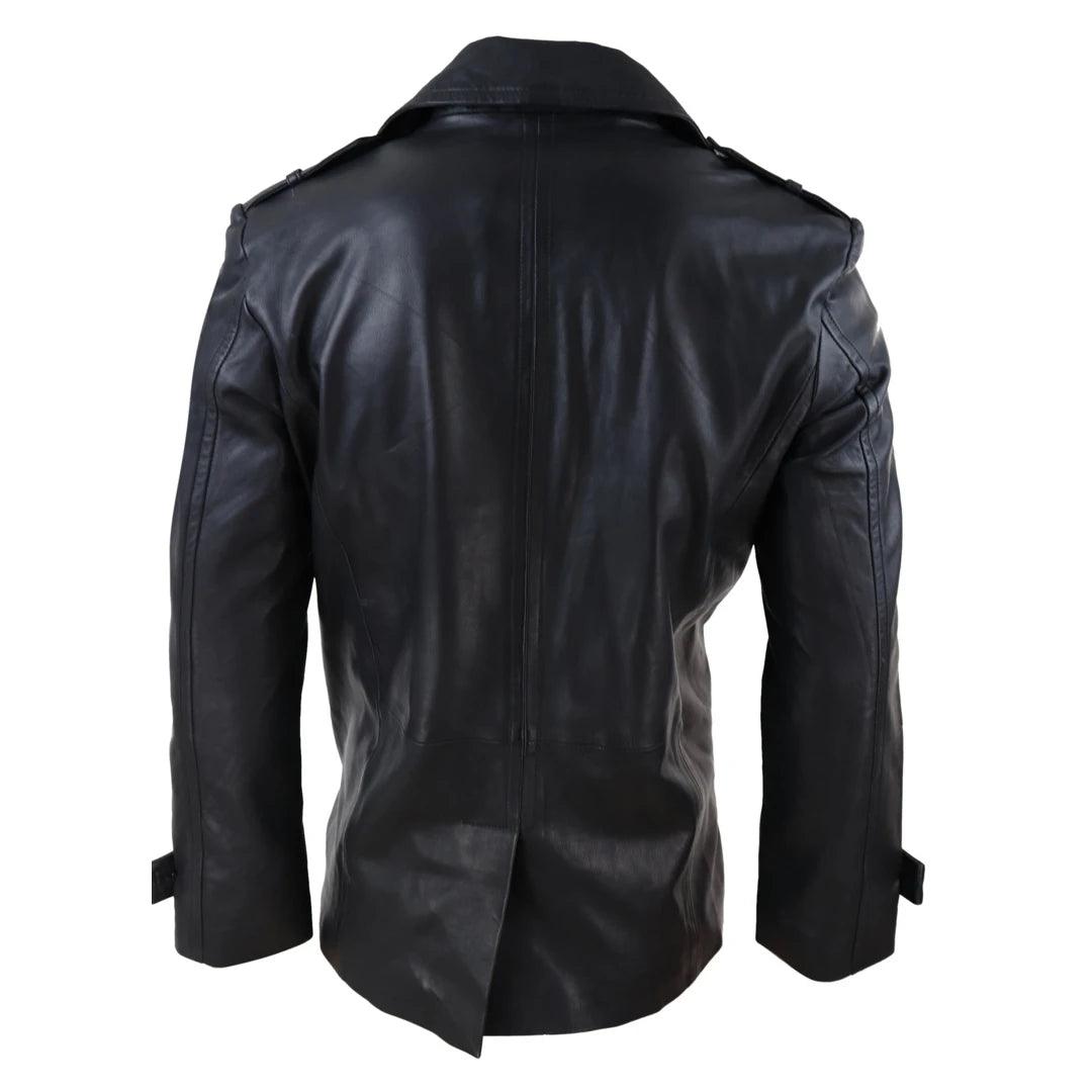 Mens Real Leather 3/4 Double Breasted Pea Coat Sherlock Brown Sailor Classic - Knighthood Store