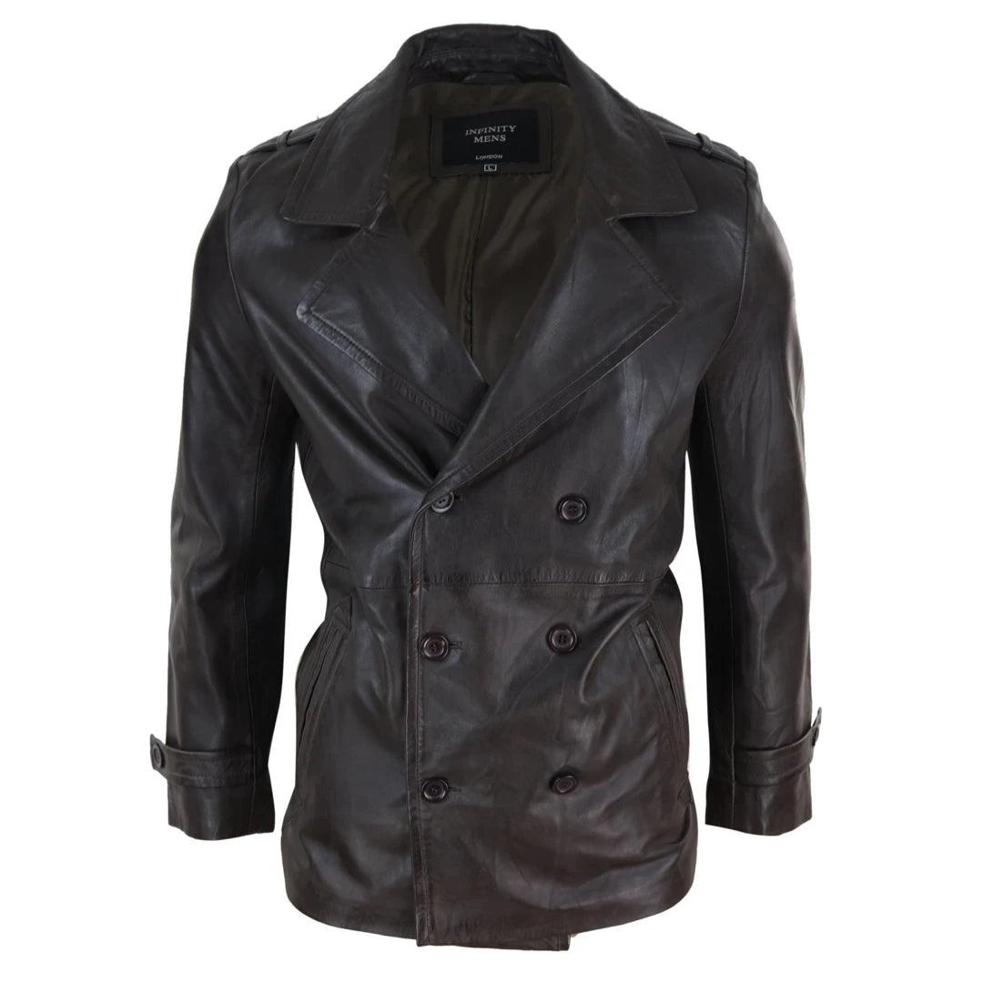 Mens Real Leather 3/4 Double Breasted Pea Coat Sherlock Brown Sailor Classic - Knighthood Store