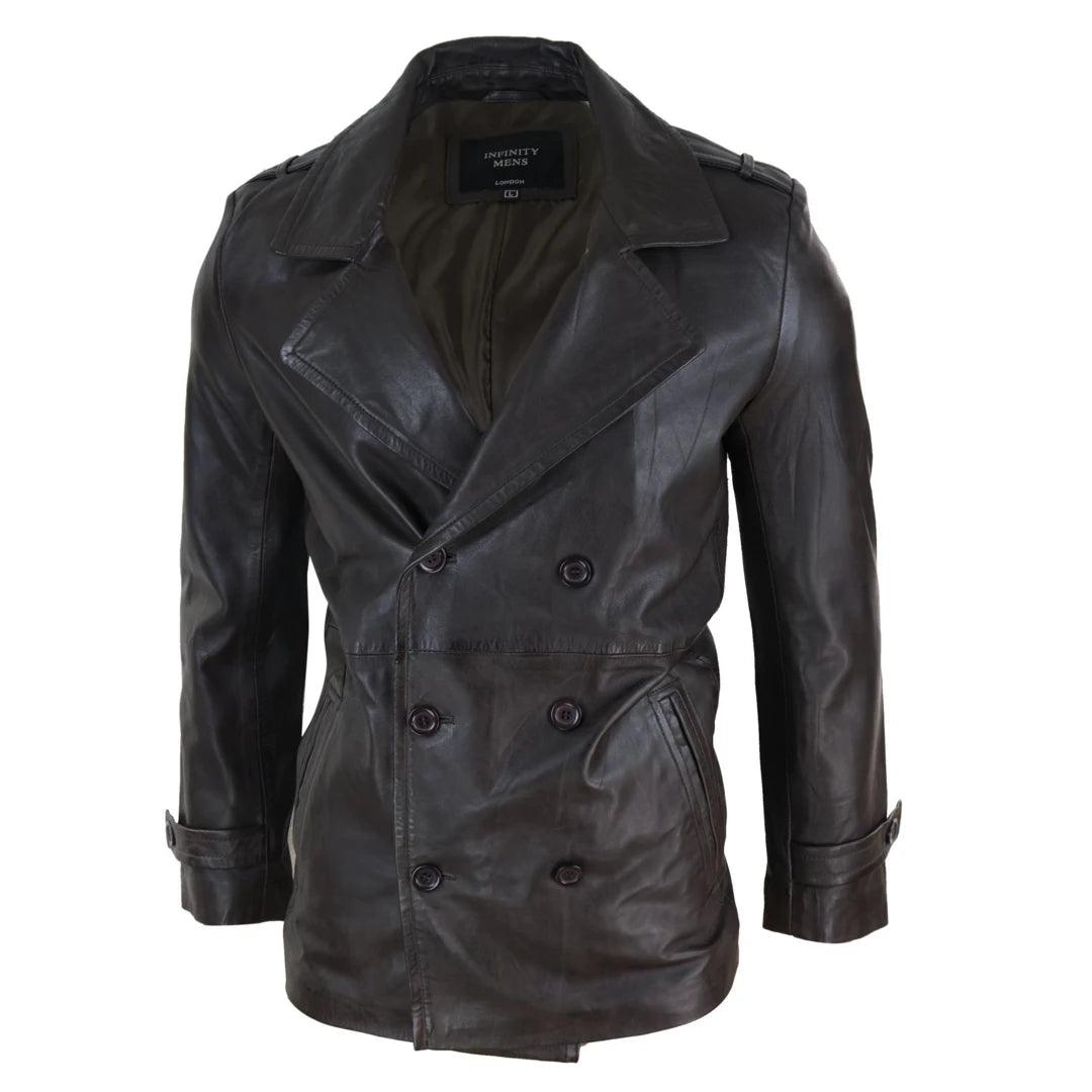 Mens Real Leather 3/4 Double Breasted Pea Coat Sherlock Brown Sailor Classic - Knighthood Store