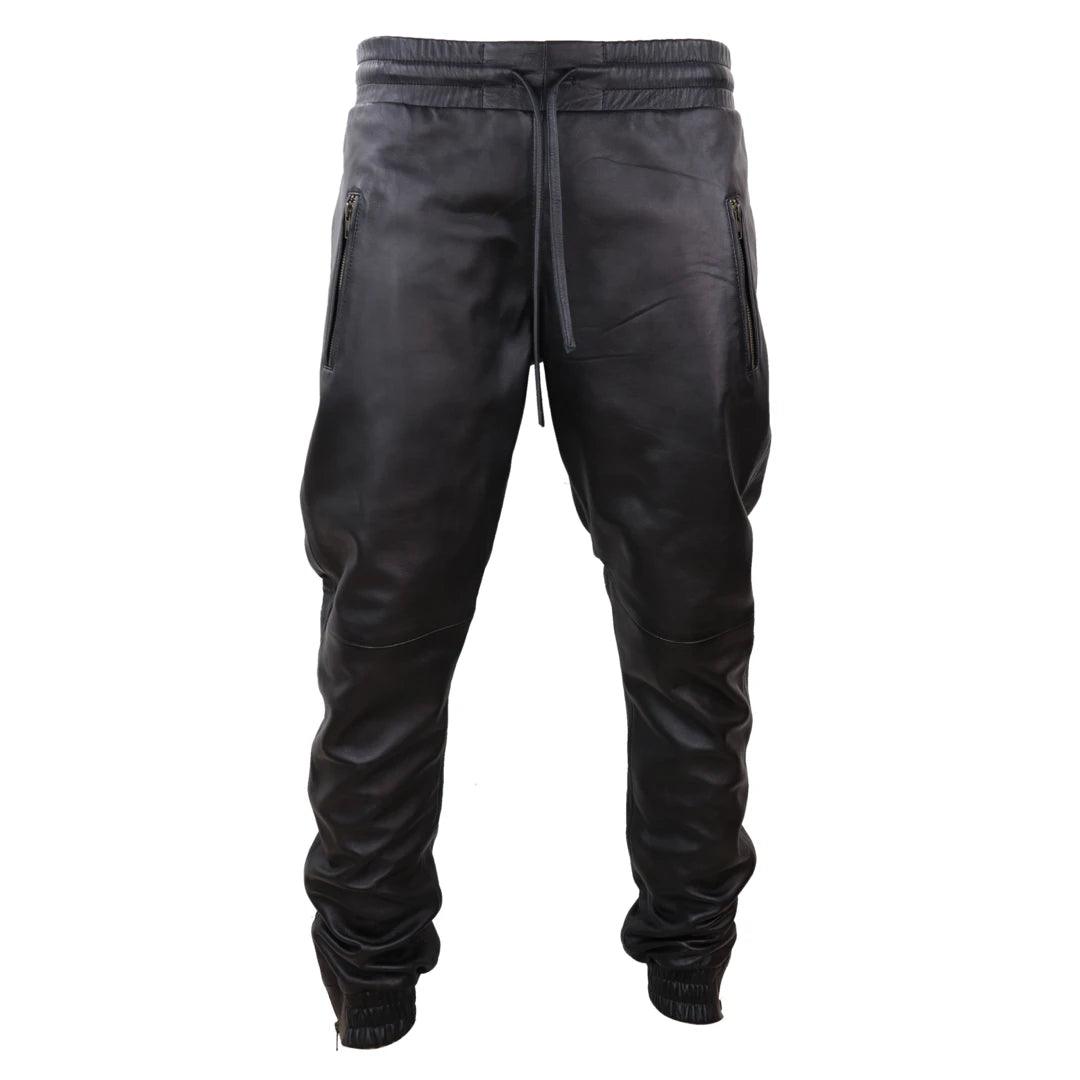 Mens Real Leather Jogger Jeans Trousers Elasticated Casual - Knighthood Store