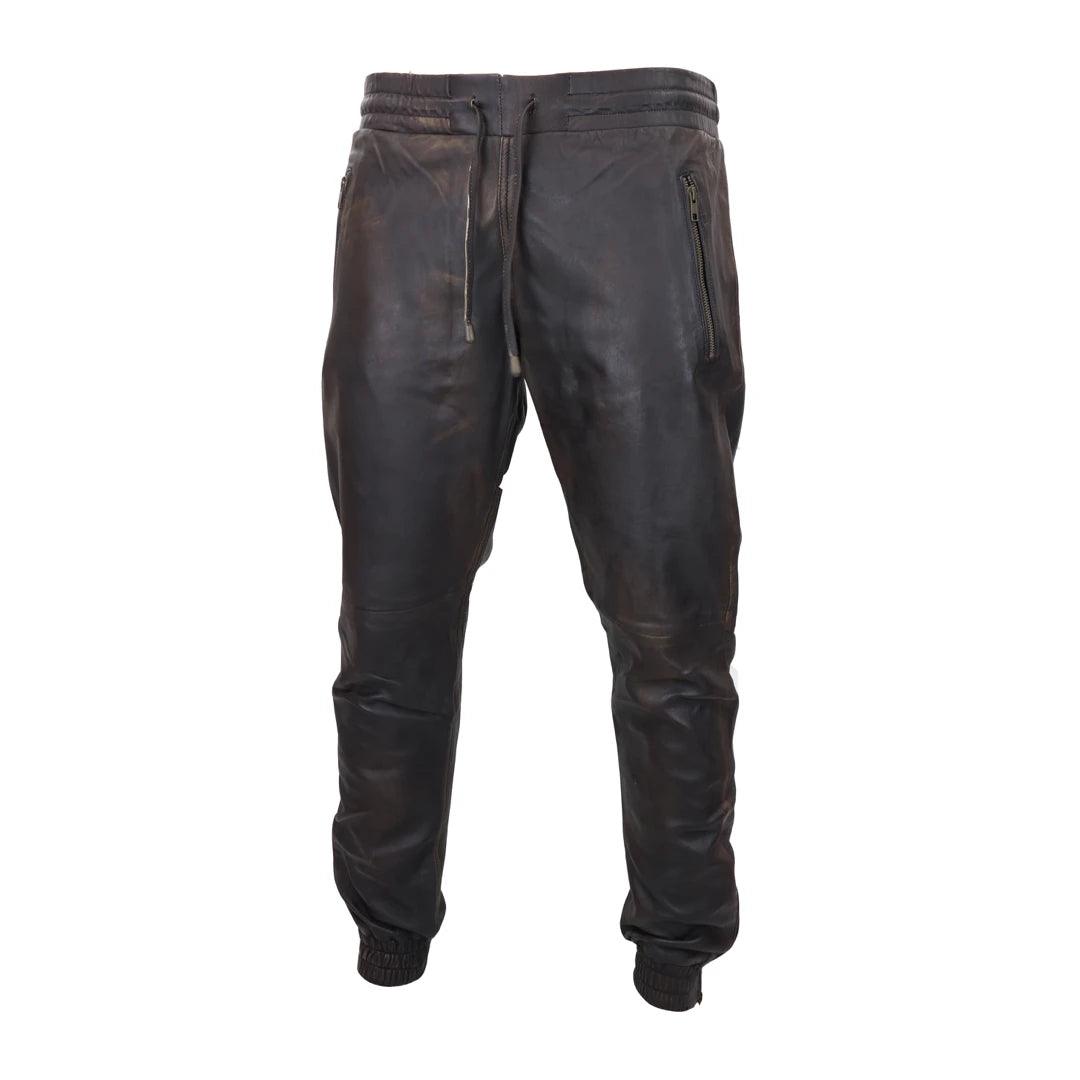 Mens Real Leather Jogger Jeans Trousers Elasticated Casual - Knighthood Store