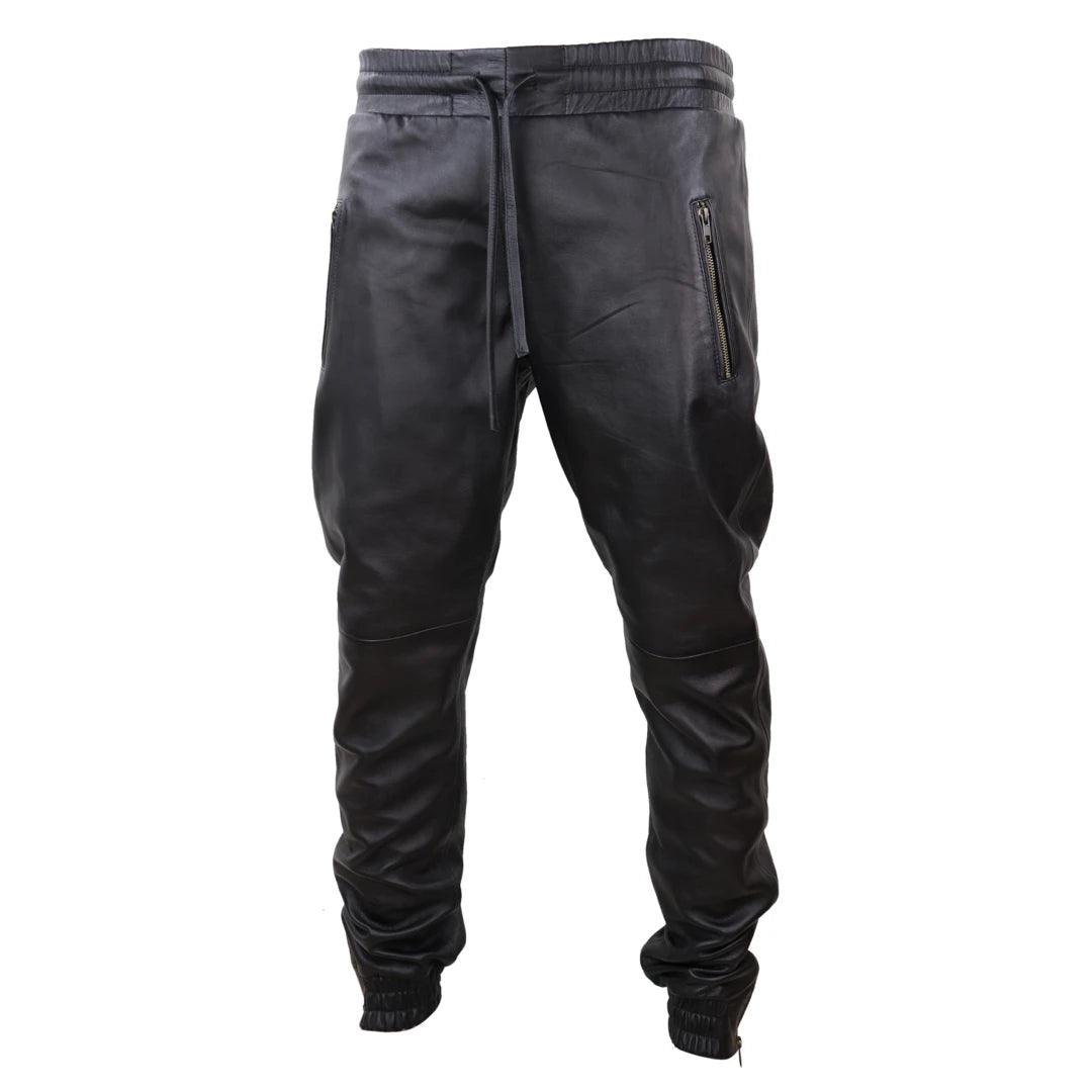 Mens Real Leather Jogger Jeans Trousers Elasticated Casual - Knighthood Store