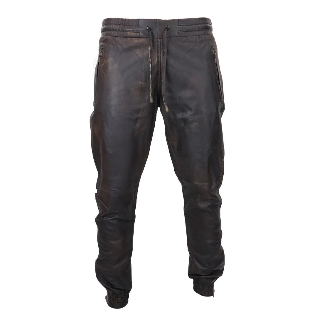 Mens Real Leather Jogger Jeans Trousers Elasticated Casual - Knighthood Store