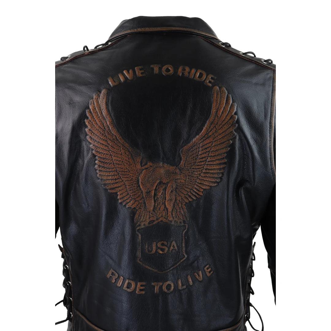 Mens Live To Ride Cow Hide Real Leather Jacket Original Cross Zip Brando Biker Motorcycle - Knighthood Store