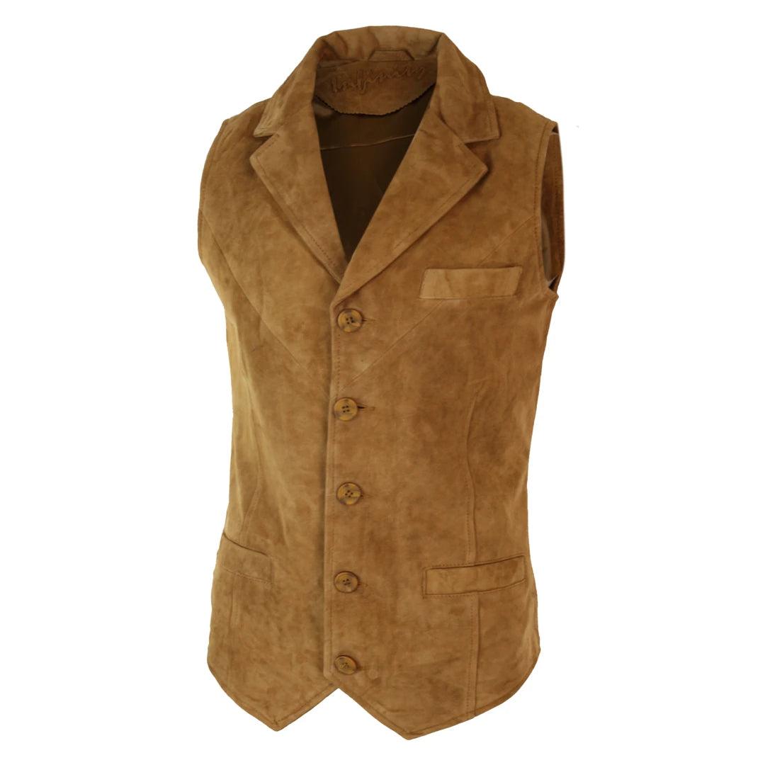 Mens Real Suede Leather Tan Brown Black Smart Casual Gilet Waistcoat Vintage Retro - Knighthood Store