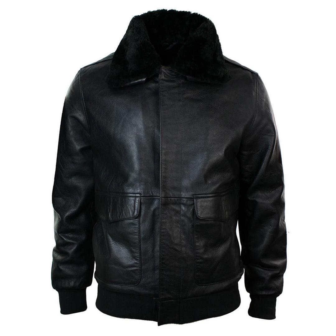 Mens Real Fur Collar Leather Bomber Pilot Flying Jacket Black Brown A2 - Knighthood Store