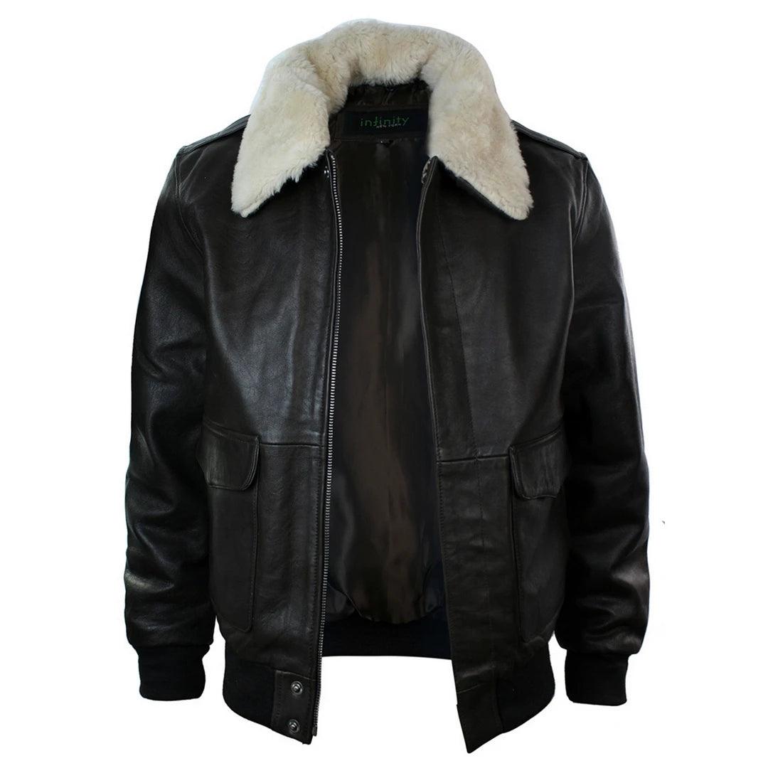 Mens Real Fur Collar Leather Bomber Pilot Flying Jacket Black Brown A2 - Knighthood Store