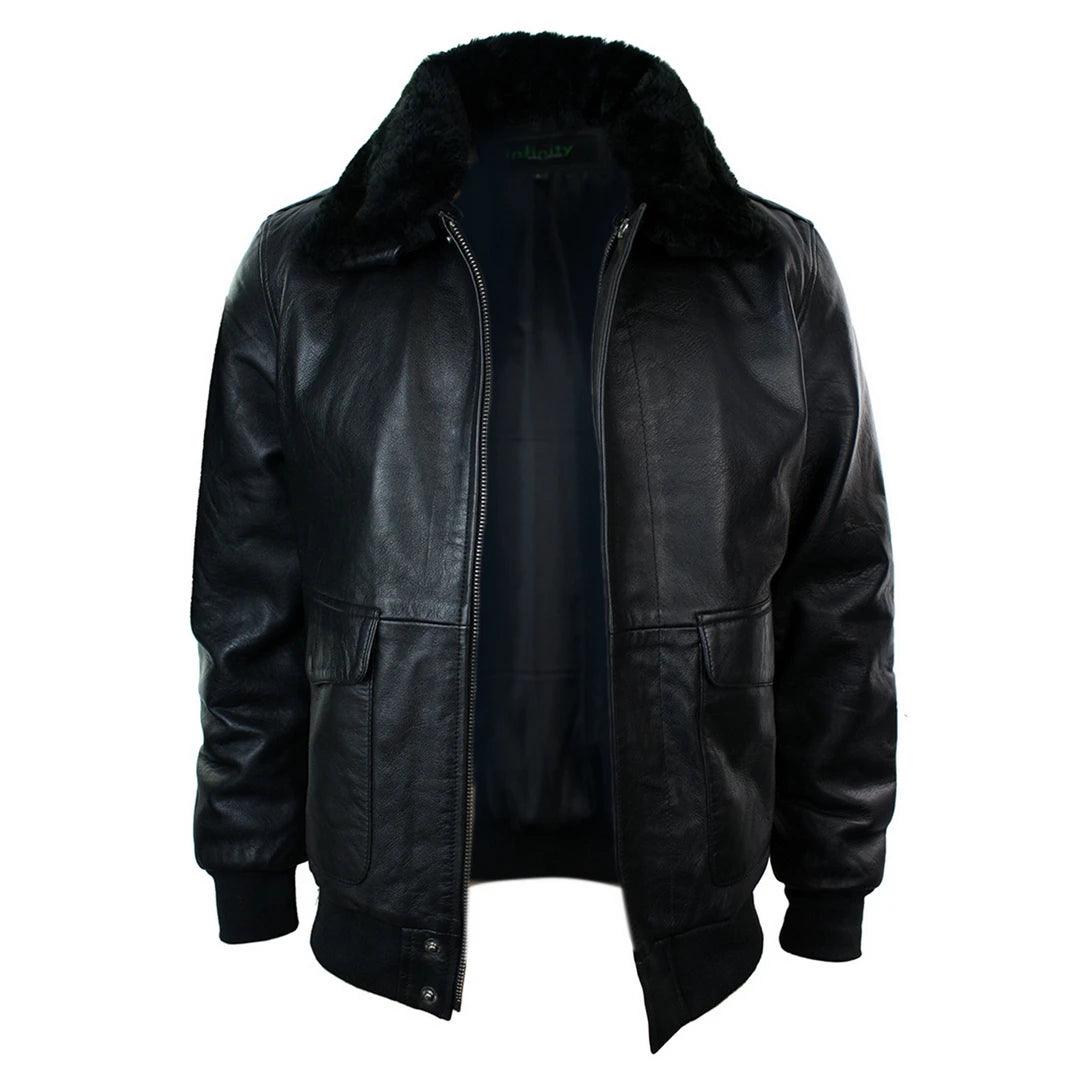 Mens Real Fur Collar Leather Bomber Pilot Flying Jacket Black Brown A2 - Knighthood Store