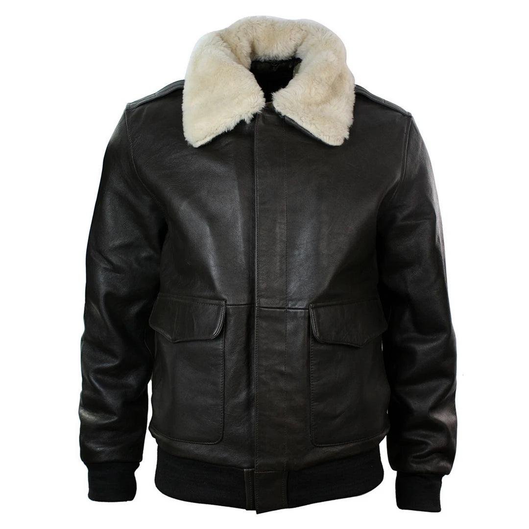 Mens Real Fur Collar Leather Bomber Pilot Flying Jacket Black Brown A2 - Knighthood Store