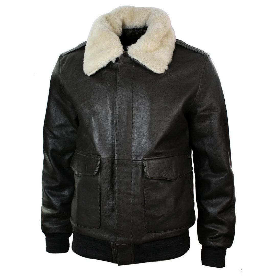 Mens Real Fur Collar Leather Bomber Pilot Flying Jacket Black Brown A2 - Knighthood Store