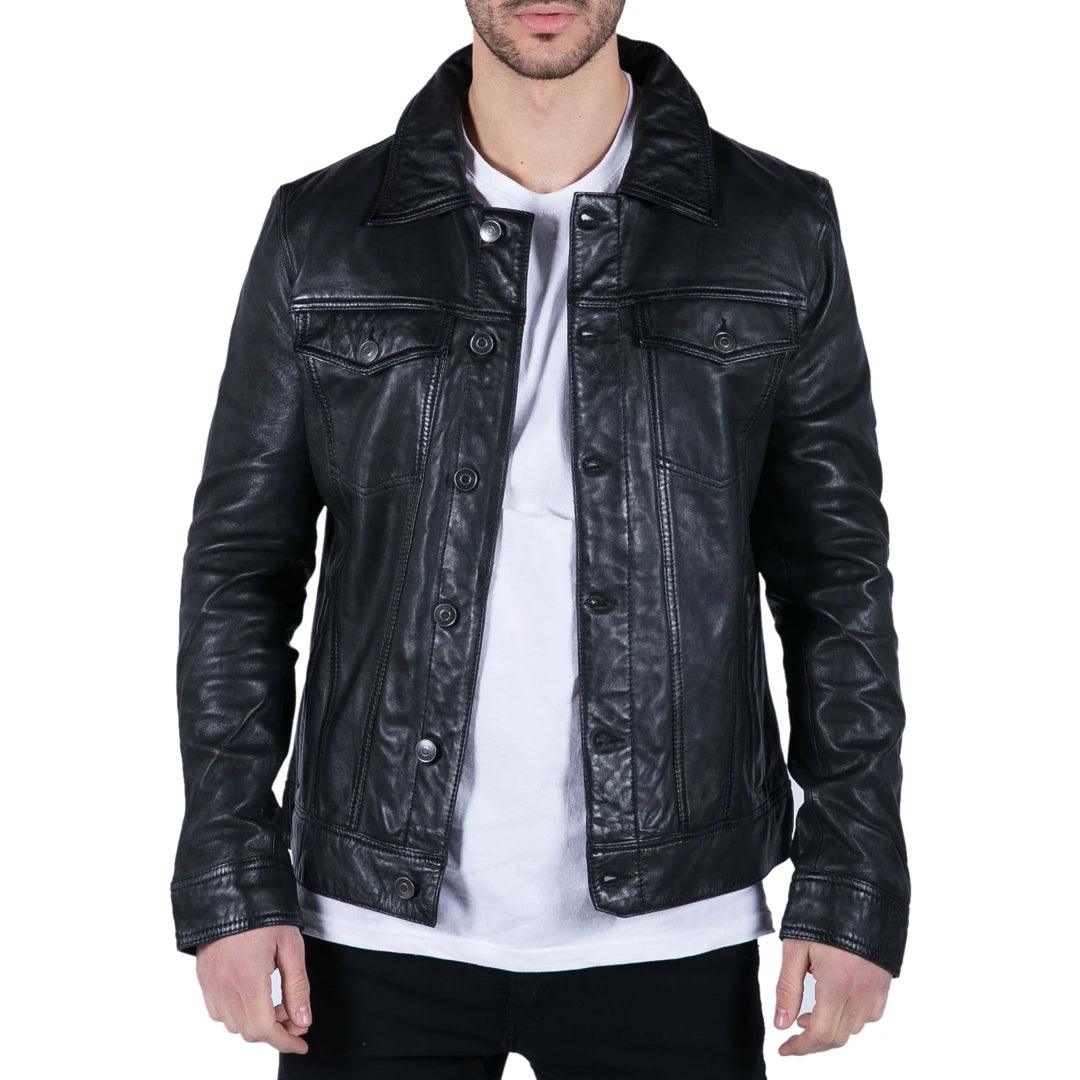 Mens Black real Leather Vintage Soft Jacket Short Jeans Style Classic Stud - Knighthood Store