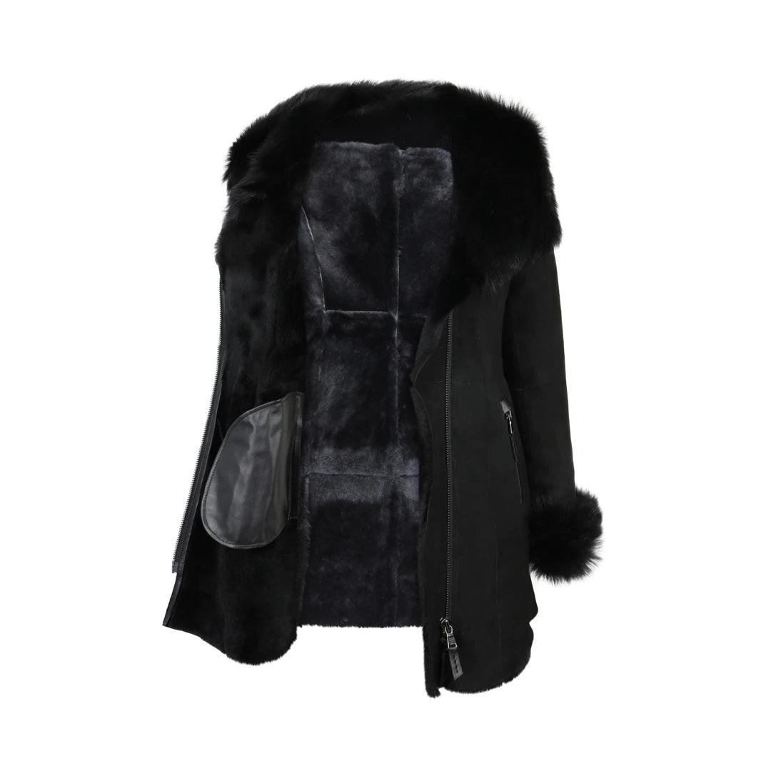 Ladies 3/4 Genuine Sheepskin Coat Black Soft Suede Outer Fitted Merino - Knighthood Store