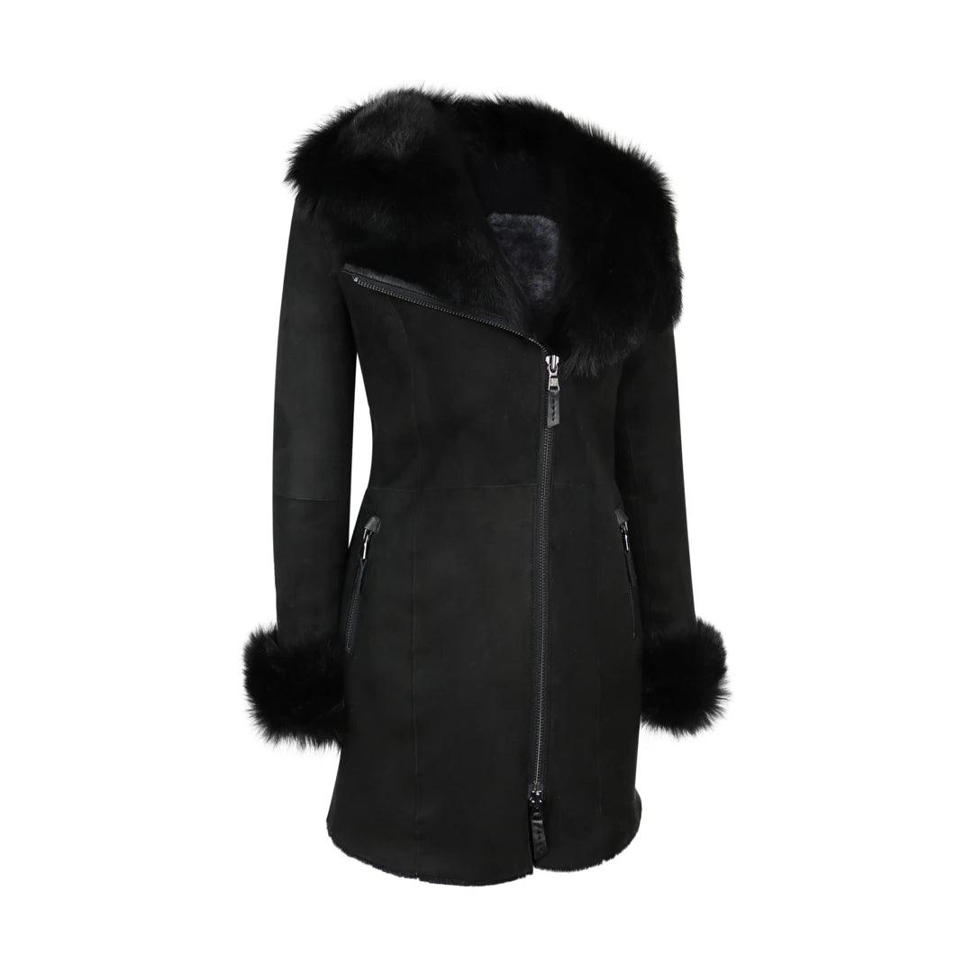 Ladies 3/4 Genuine Sheepskin Coat Black Soft Suede Outer Fitted Merino - Knighthood Store