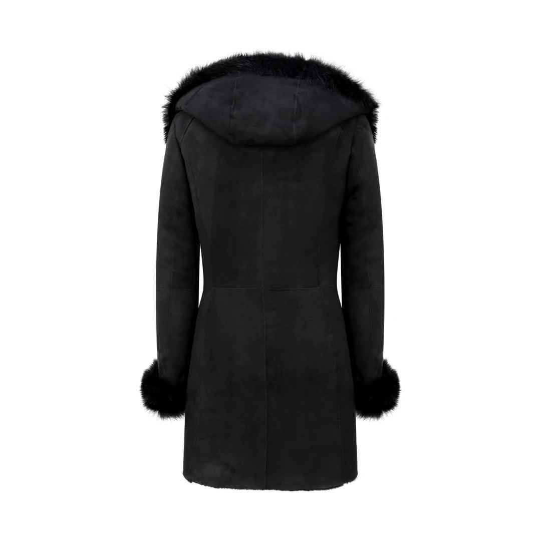 Ladies 3/4 Genuine Sheepskin Coat Black Soft Suede Outer Fitted Merino - Knighthood Store