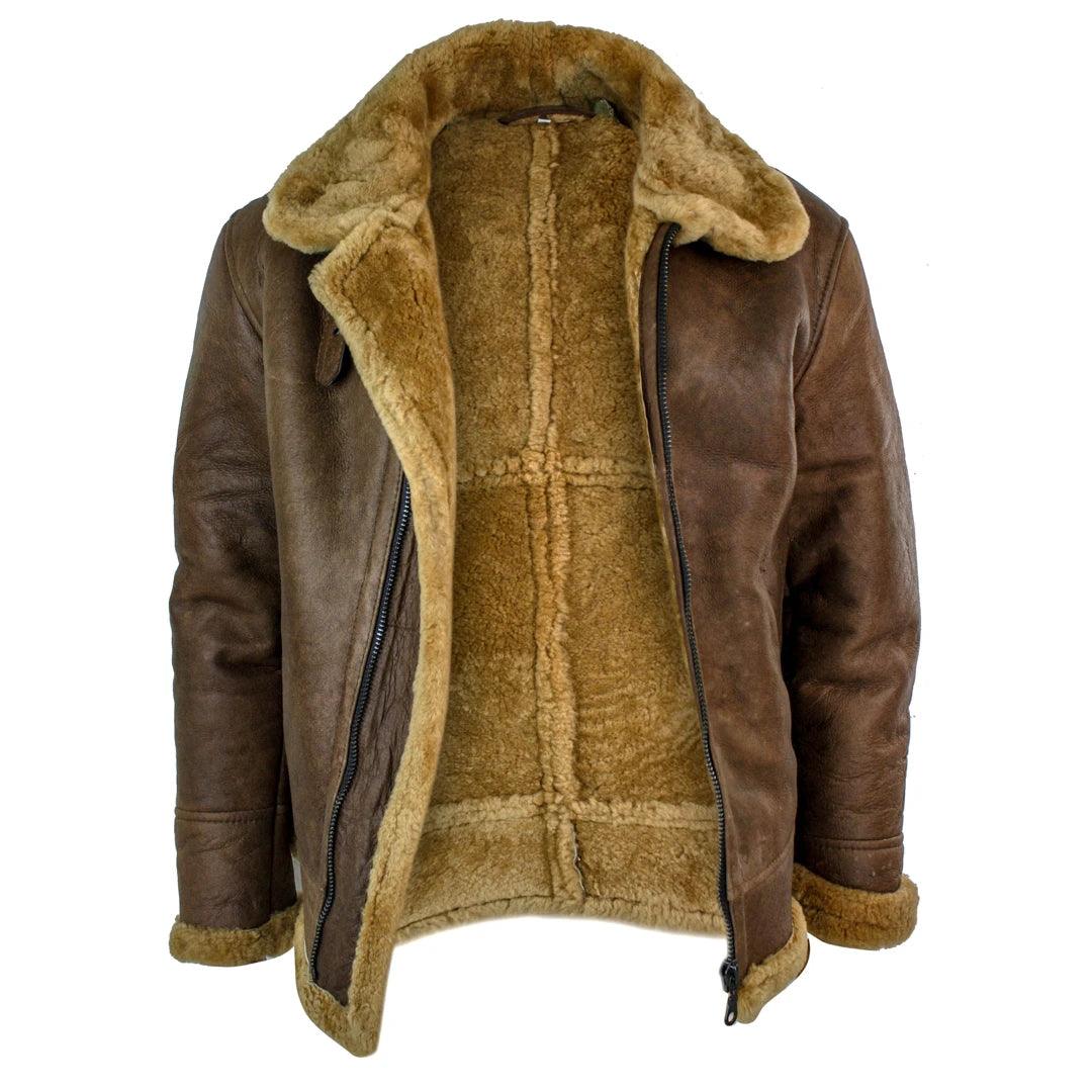 Mens Retro Vintage Classic Real Sheepskin RAF Pilot Flying Jacket Tan Ginger Fur Zip - Knighthood Store