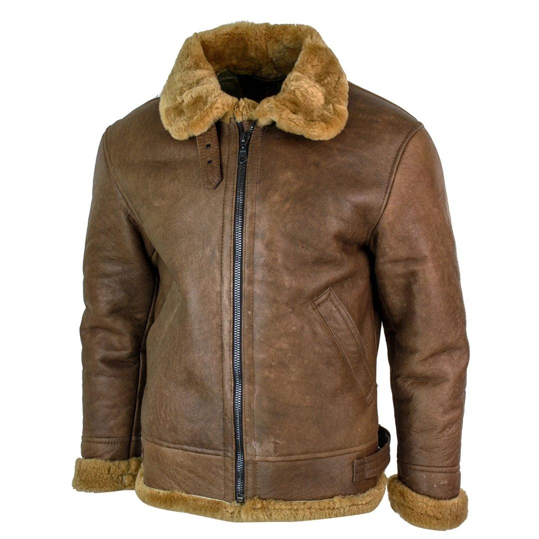 Mens Retro Vintage Classic Real Sheepskin RAF Pilot Flying Jacket Tan Ginger Fur Zip - Knighthood Store