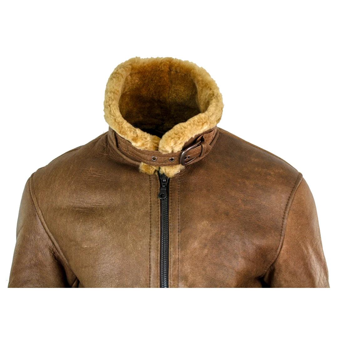 Mens Retro Vintage Classic Real Sheepskin RAF Pilot Flying Jacket Tan Ginger Fur Zip - Knighthood Store