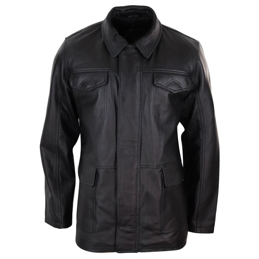 Mens Classic Real Leather Safari Jacket Over Coat Soft Napa Leather Regular Fit - Knighthood Store