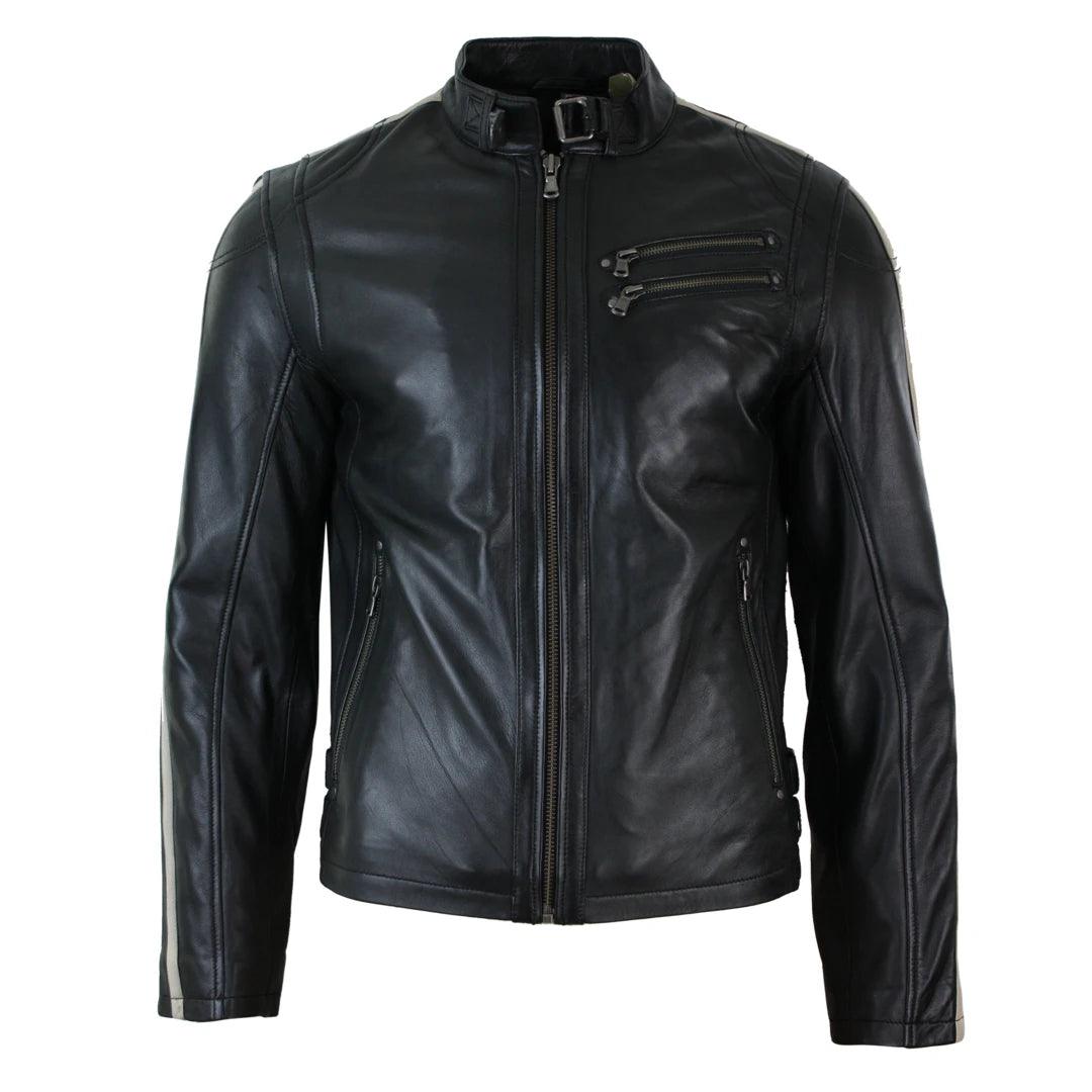 Mens Slim Fit Short Real Leather Biker Racing Jacket Stripes Sleeves Zipped - Knighthood Store