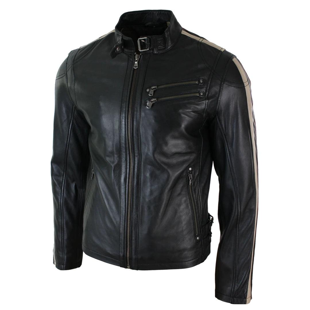 Mens Slim Fit Short Real Leather Biker Racing Jacket Stripes Sleeves Zipped - Knighthood Store