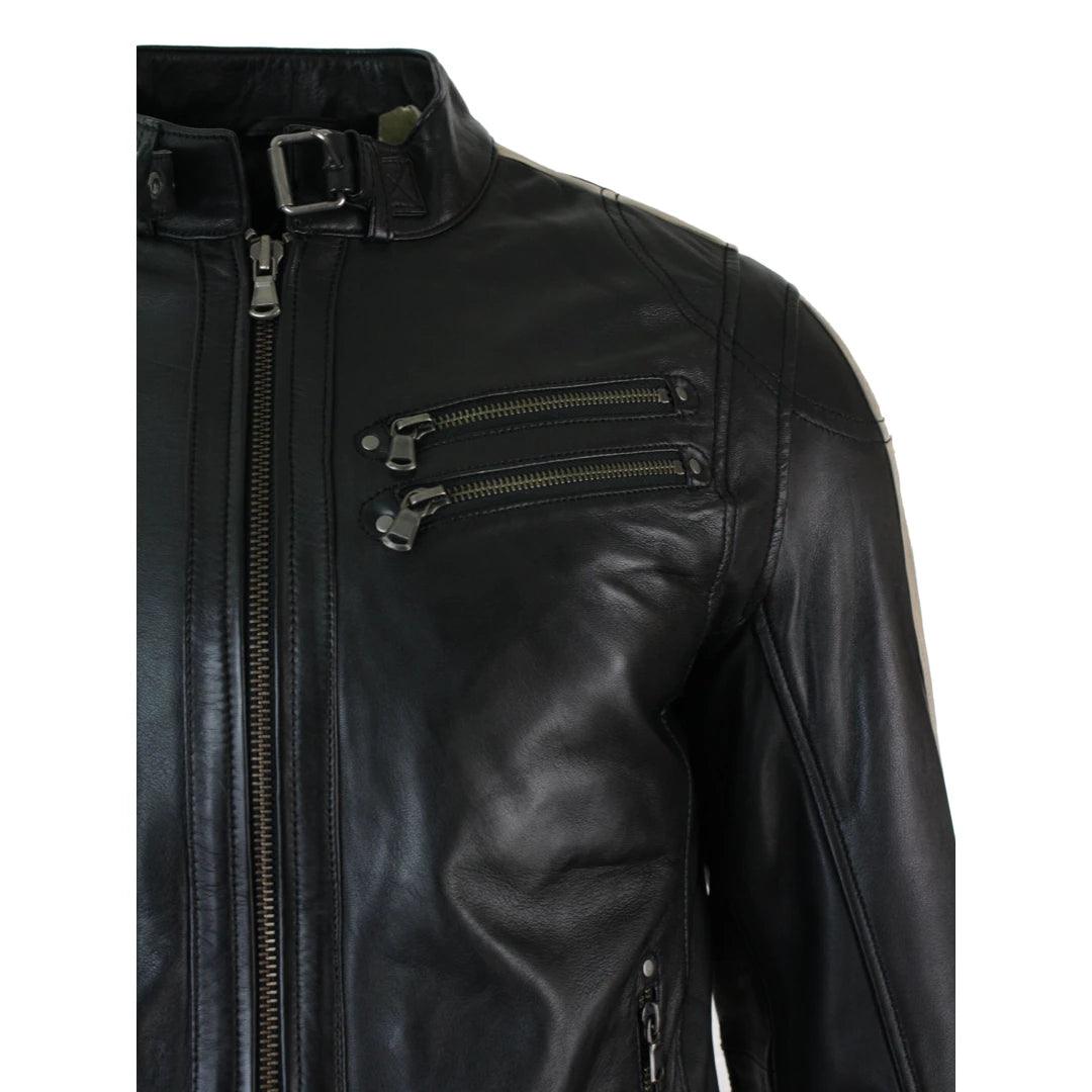 Mens Slim Fit Short Real Leather Biker Racing Jacket Stripes Sleeves Zipped - Knighthood Store