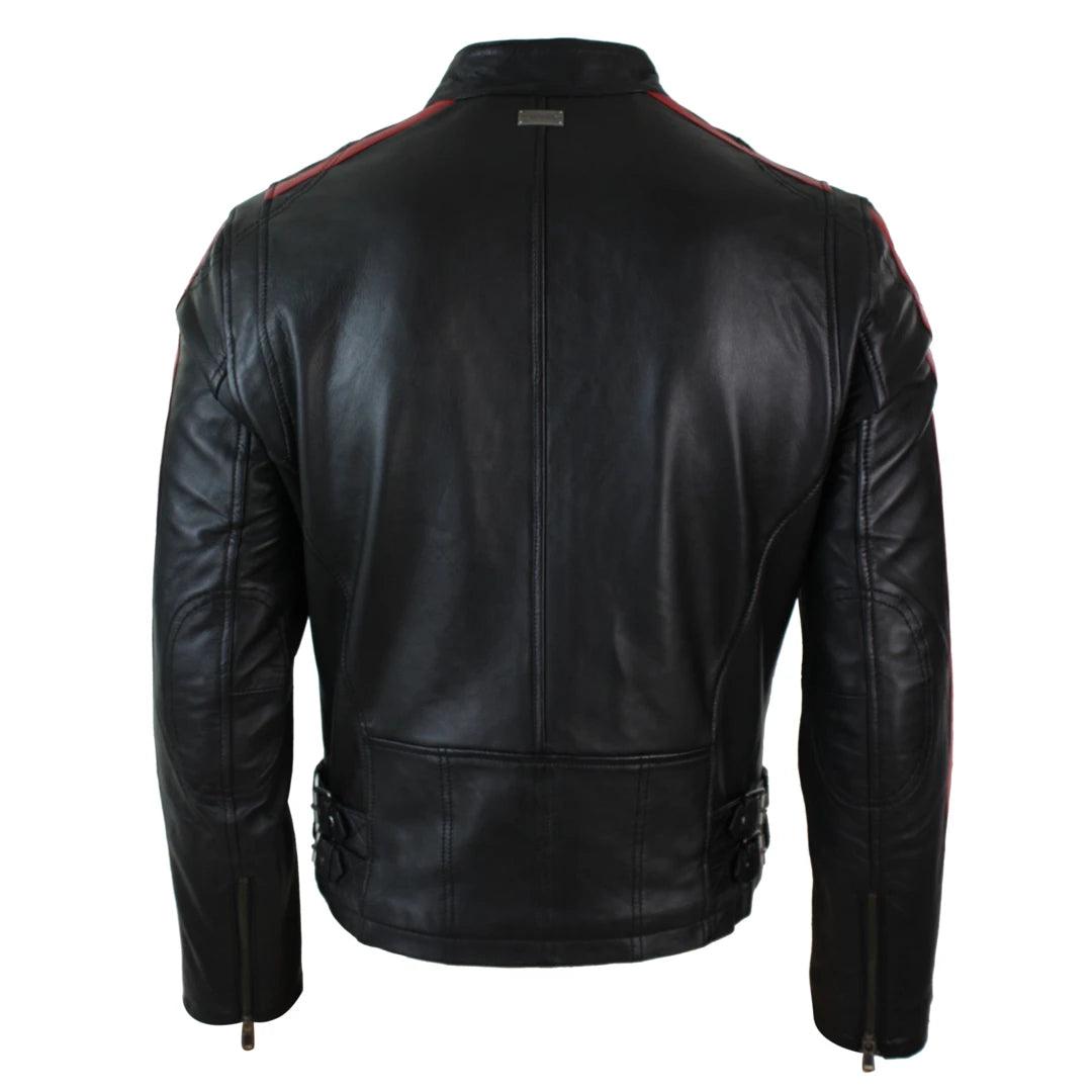 Mens Slim Fit Short Real Leather Biker Racing Jacket Stripes Sleeves Zipped - Knighthood Store